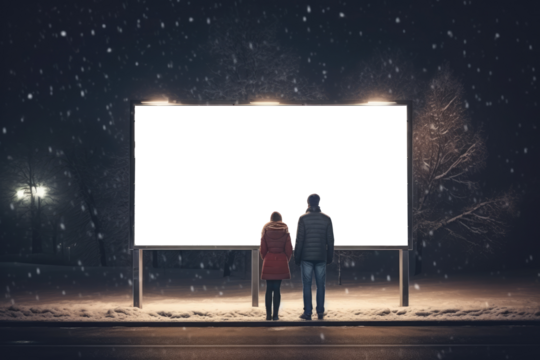 couple stands united before a vast, empty billboard, the snowy evening offering a silent canvas against the city's soft nocturnal glow
