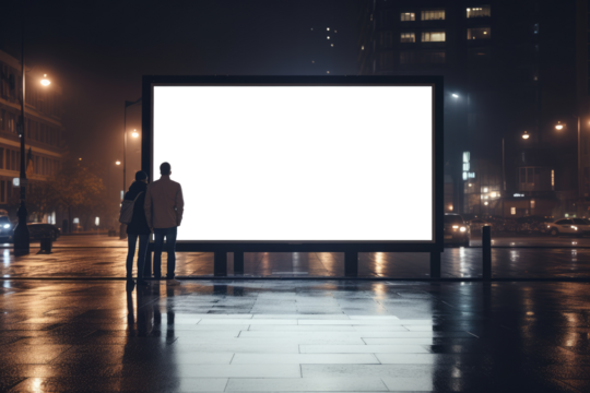 couple stands hand in hand, gazing at a vast empty billboard against the backdrop of a luminous city at night, reflecting on possibilities