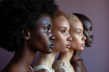 Obraz premium The power of Diversity: A portrait capturing the beauty of women from diverse races, ethnicities, and beliefs, celebrating the rich tapestry of skin tones and the joy of unity.