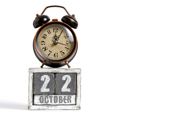 October 22 on wooden calendar with alarm clock white background.
