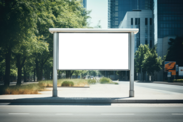 empty billboard mockup stands prominently on a sunlit urban sidewalk, framed by verdant trees and modern city architecture