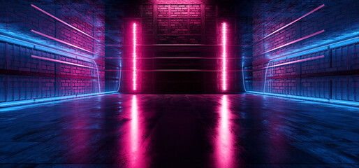Alien Grunge Futuristic Cyber Sci Fi Modern Concrete Warehouse Corridor Tunnel Studio Stage Underground Hangar Blue Purple Vibrant Lasers Neon Lights 3D Rendering © IM_VISUALS