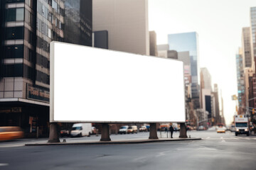 empty billboard stands as a stark canvas amidst the blur of city life, promising potential for vivid expressions against the urban backdrop - obrazy, fototapety, plakaty