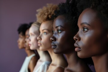 The power of Diversity: A portrait capturing the beauty of women from diverse races, ethnicities, and beliefs, celebrating the rich tapestry of skin tones and the joy of unity.