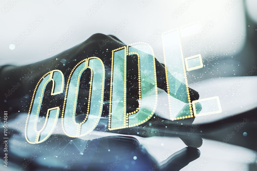 Aufkleber creative code word sign and finger clicks on a digital tablet on background, international software 