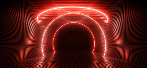 Sci Fi Modern Futuristic Alien Metal Room Garage Hangar Circle Neon Laser Glowing Vibrant Cyber Oval Lights Domes Dark Underground Studio Showroom Corridor 3D Rendering