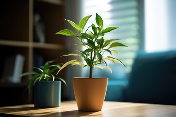 Plant in pot stand on table. Unfocus interior background.