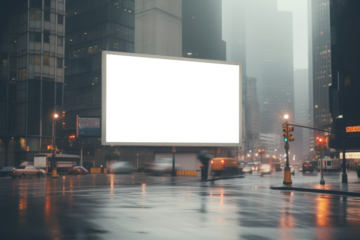 vacant billboard looms over a foggy urban crossroad, its large transparent facade reflecting the city's muted morning lights