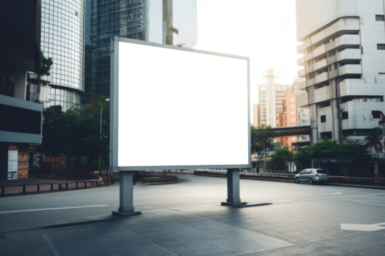imposing empty billboard stands as a silent sentinel amidst the bustling cityscape, ready to broadcast a visionary message