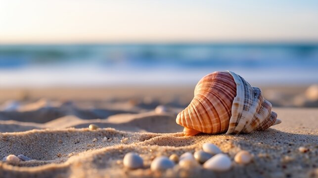A close-up of a seashell on the sand on the beach in the back-light of sunset, background, generative ai