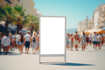 sunlit promenade bustling with people, with an empty billboard mockup in the foreground inviting summer ads