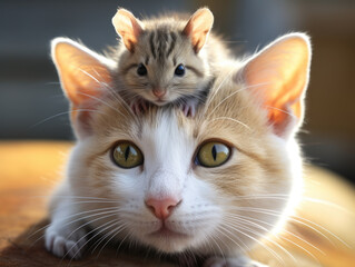 A cute kitten with a small hamster on its head, both looking at the camera.