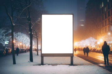 City dwellers bundled up against the snow, pass by an empty billboard mockup on a frosty winter evening