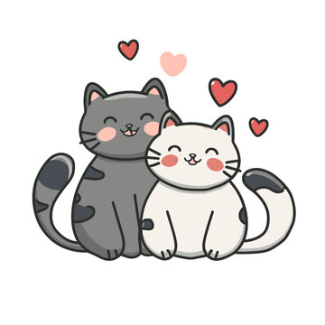 graphics of two  cats in love hugging each other and red hearts