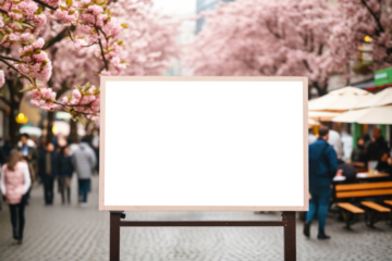 bustling street scene unfolds behind a blank billboard mockup, with passersby enjoying the cherry blossoms of spring