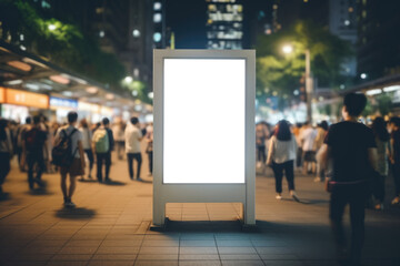 Under the city lights, an empty billboard mockup stands at a busy sidewalk, while people pass by, immersed in their evening routines
