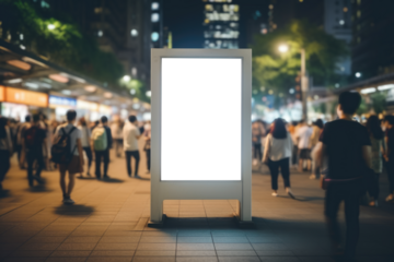 Under the city lights, an empty billboard mockup stands at a busy sidewalk, while people pass by, immersed in their evening routines
