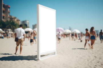 People enjoy a sunny day on the beach, with an empty transparent billboard mockup in the foreground, inviting potential advertisements