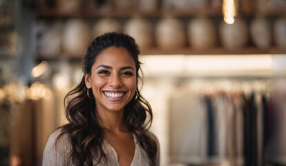 Proud owner of her new store standing inside her new business premises, confident entrepreneur, small business owner, space for text
