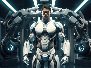 Portrait of serious man with glowing eyes in futuristic robotic suit looking at camera while standing against modern gym