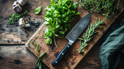 Chef's knife and fresh herbs lie on wooden chopping board. - obrazy, fototapety, plakaty