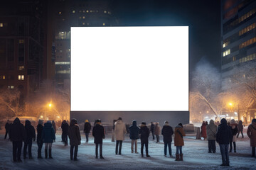 group of city dwellers gathered before transparent billboard that merges with the winter night, cityscape background