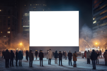 group of city dwellers gathered before transparent billboard that merges with the winter night, cityscape background