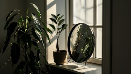 a mirror and a potted plant in a room