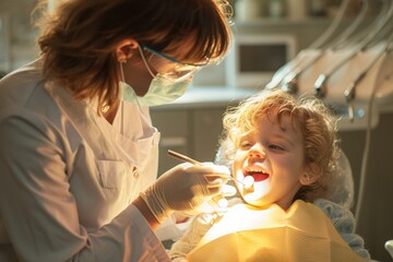 Early Dental Care: A professional photo captures the importance of regular dental check-ups as a dentist examines a toddler's teeth, promoting oral hygiene and early healthcare habits.

