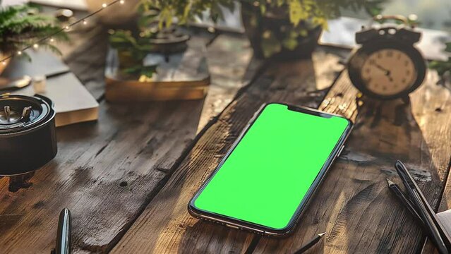 Modern Smartphones Mockup with Green Screens in blurry background