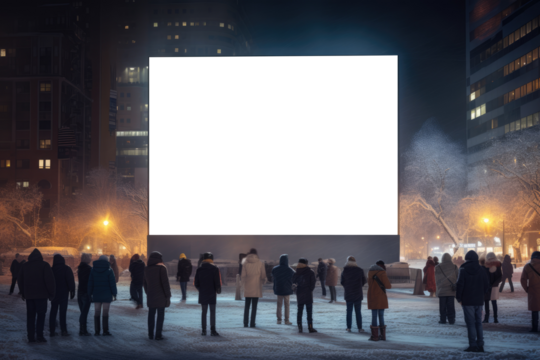 group of city dwellers gathered before transparent billboard that merges with the winter night, cityscape background