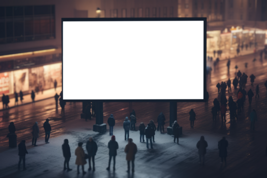 group of city dwellers gathered before transparent billboard that merges with the winter night, cityscape background