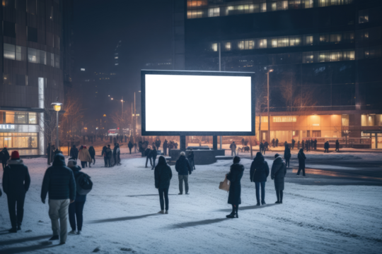 group of city dwellers gathered before transparent billboard that merges with the winter night, cityscape background