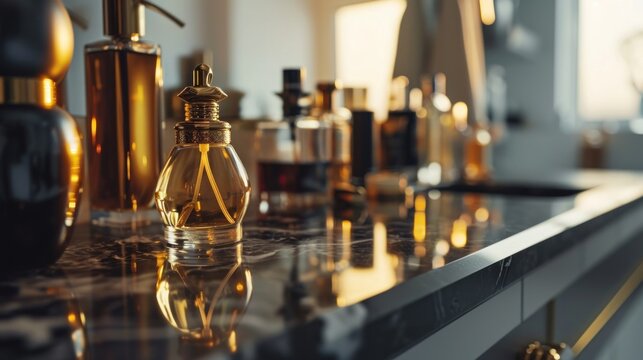 Luxurious perfume bottles reflect the art of fragrance on a chic vanity.