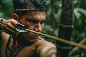 Amazonian man hunting with a bow and arrow in the jungle. - obrazy, fototapety, plakaty