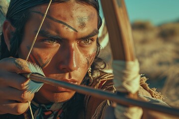 Native american man hunting with a bow and arrow in the desert.
