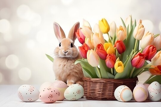 Easter bunny with hand-decorated eggs and a bouquet of tulips in a basket