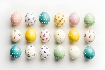 Fototapeta premium multi-colored Easter eggs, hand-painted on the ivory pastel background, top view