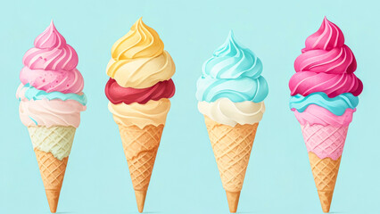 Ice cream scoop on waffle cone. Set of tasty ice-cream with assorted flavors - obrazy, fototapety, plakaty