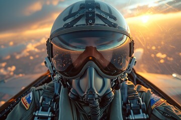 Fighter pilot from the front in flight.