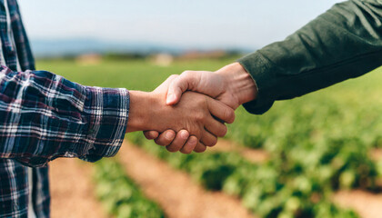 Close-up shot of shaking hands in agricultural area, agricultural business concept