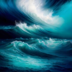 Dynamic Seascape Emotion: Vibrant Ocean Abstract Painting with Intense Colors, Waves, and Clouds – Awe-Inspiring Nature Art for Download