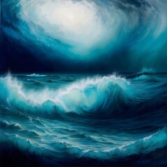 Oceanic Emotions: A Vibrant Abstract Sea Painting with Turbulent Hues | Captivating Stormy Waves, Nature's Power | Luminous Sky, Water, Clouds | Artwork for Download