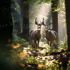 Enchanting nature: Ultra-realistic deer in lush forest, serene and sun-dappled. 