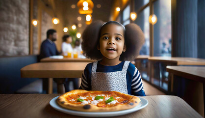 Young African-american girl or toddler reacts excitedly to a pizza resting on a restaurant table, evening - looking at camera