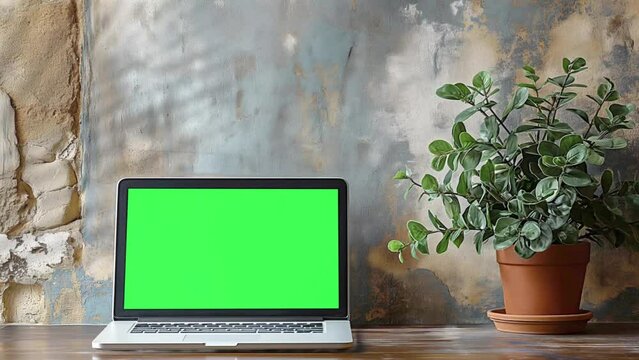 laptop mockup with blank green screen in blurry background