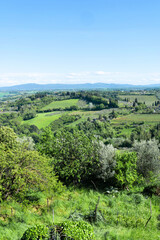 Fototapeta na wymiar Panoramic beautiful rural landscape of Toscana. Green fields and meadows, countryside in Italy