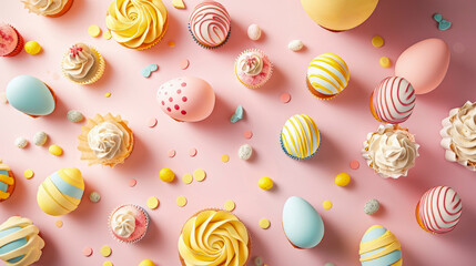 Fototapeta na wymiar Easter sweets on pink background. Colorful cream cakes and sweets in the shape of Easter eggs. Conceptual symbols of Easter.