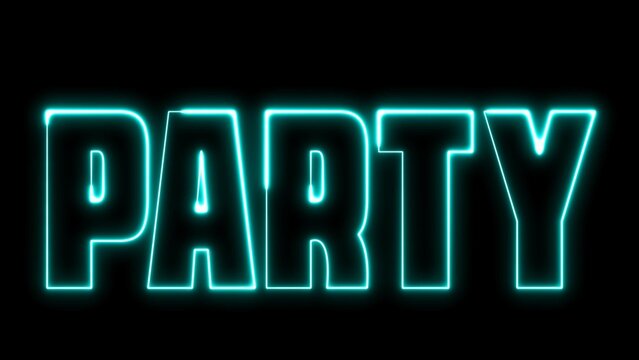 Party text font with neon light. Luminous and shimmering haze inside the letters of the text Party. Party neon sign.