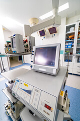 Interior of an empty hospital room. Recovery room with beds and comfortable medical.